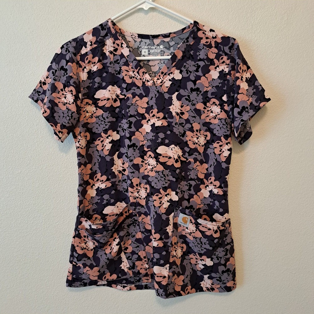 Carhartt Womens Floral V-Neck Scrub Top Modern Fit Purple Pink C13414 XS